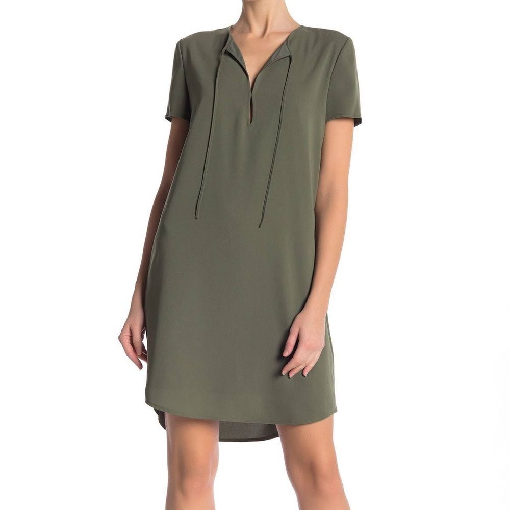 Theory Dress Women's Size 8 Keyhole Tie Shift Drapey Crepe Dress Military Green